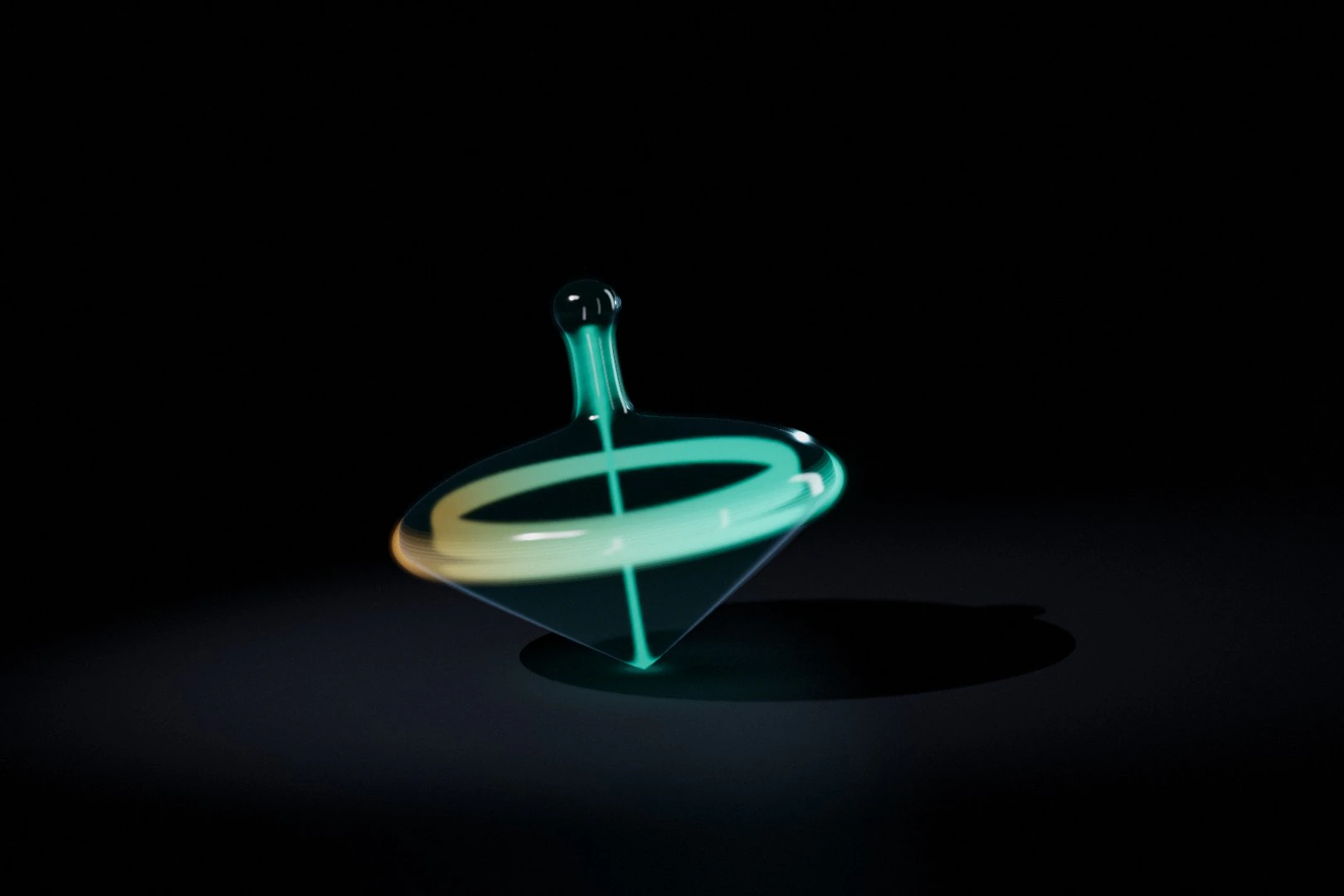 A clear glass spinning top lit from within, its light blurred into a ring by the spin, leaning slightly as the ring warms from teal to amber on its low side