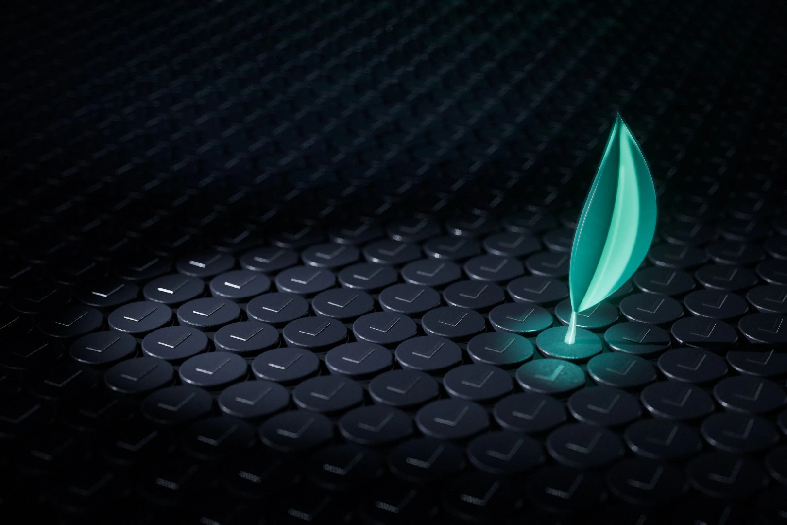 An orderly field of dim grey tokens, each stamped with a checkmark, with a single glowing teal glass leaf rising from one of them